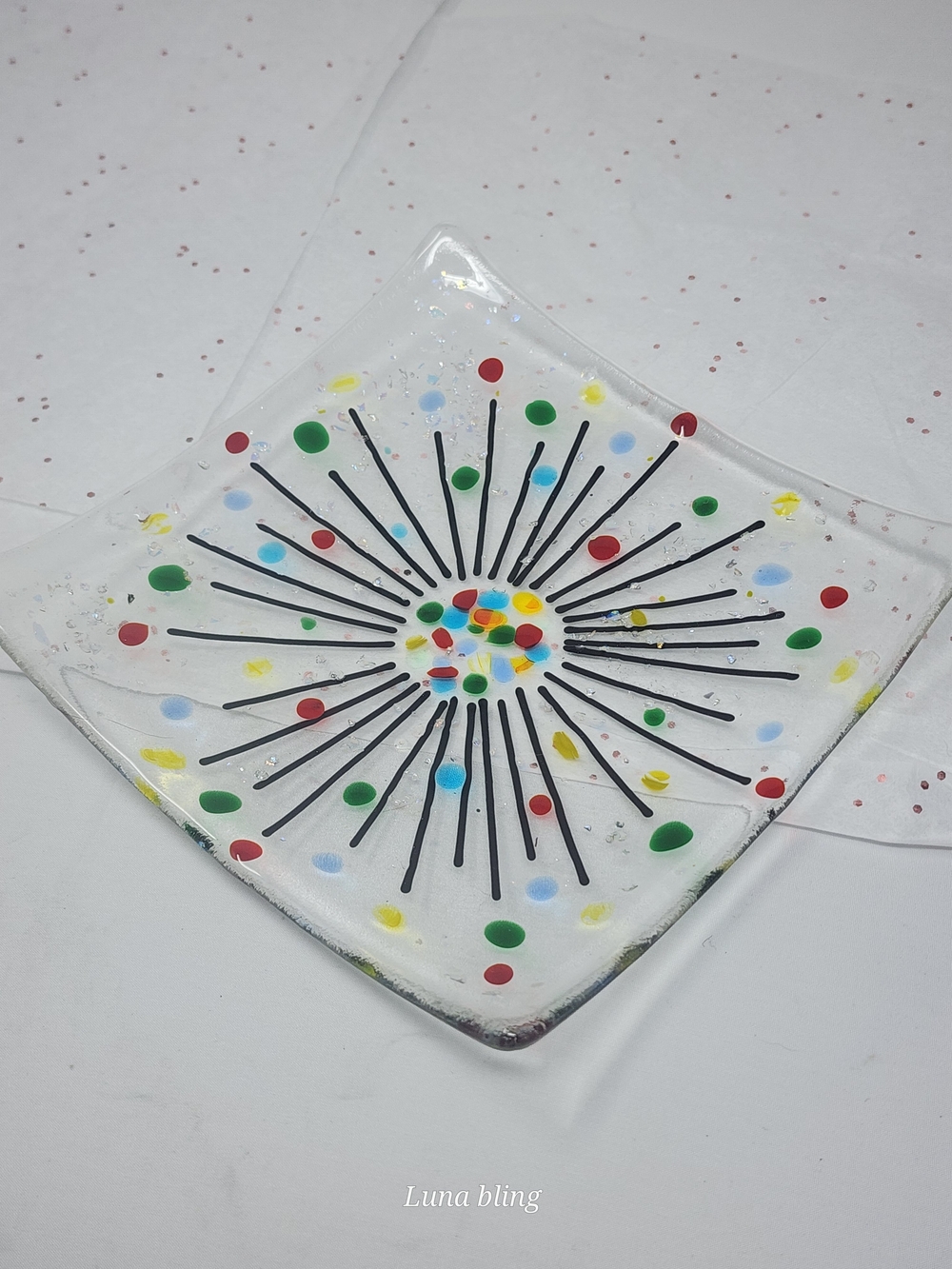 Handmade Fused Glass Square Dish with Multicolor Dot Burst